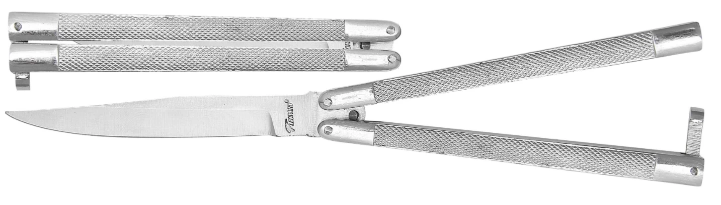 Couteau Papillon Balisong Argenté 24cm - Léopard 2 Couteau Papillon Balisong Argenté 24cm - Léopard – Image 2