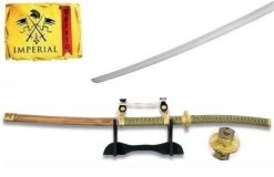 Katana Tranchant 102cm Arme Laiton Design + Socle Bois