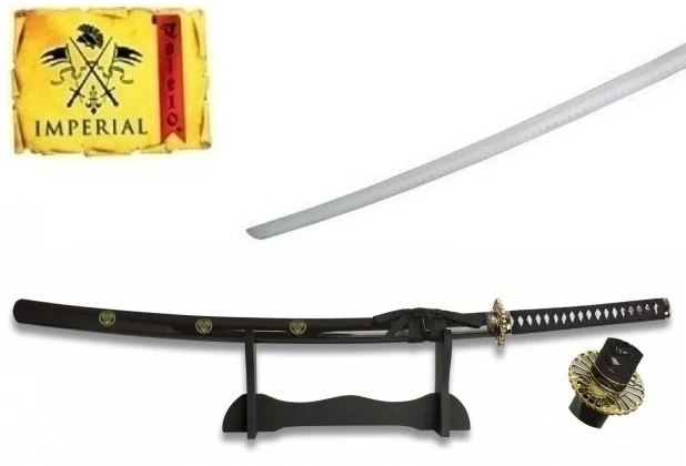Katana Tranchant Arme 97cm Laiton + Socle Bois 2 Katana Tranchant Arme 97cm Laiton + Socle Bois – Image 2