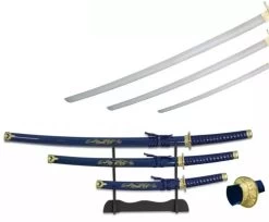Lot 3 Katanas Dragon + Socle Déco - Katana Bleu