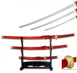 Lot 3 Katanas Dragon + Socle Déco - Katana Rouge
